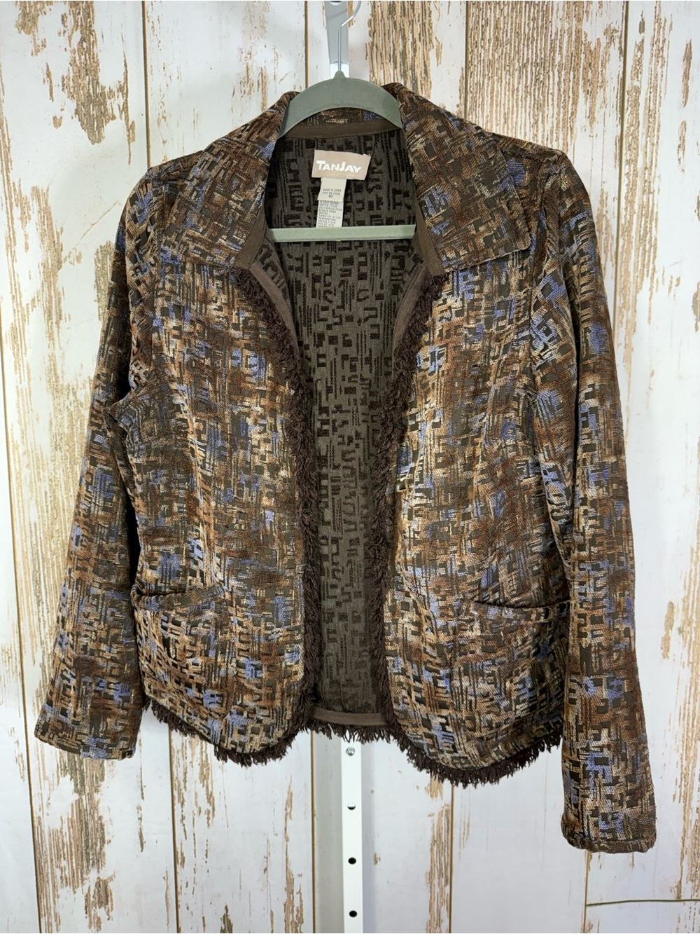 TanJay Brown and Blue Textured Open-Front Jacket Fringe Hem. Size 10.